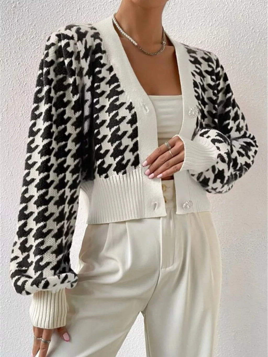 Houndstooth V-Neck Button Up Cardigan