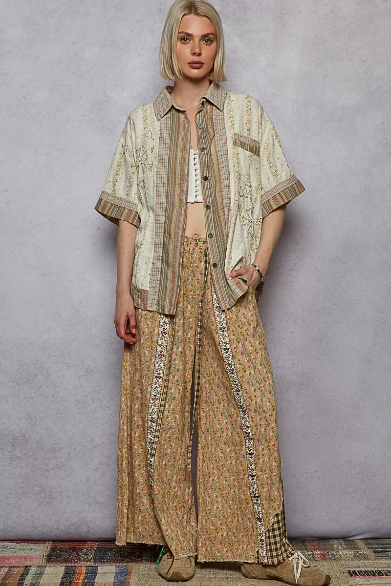 POL Printed Button Down Patchwork Short Sleeve Shirt