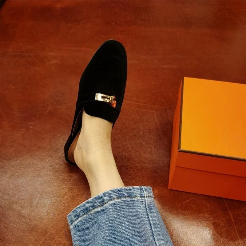 Cowhide Low Heel Round Head Metal Buckle Headband Back Air Cool Tug for Women