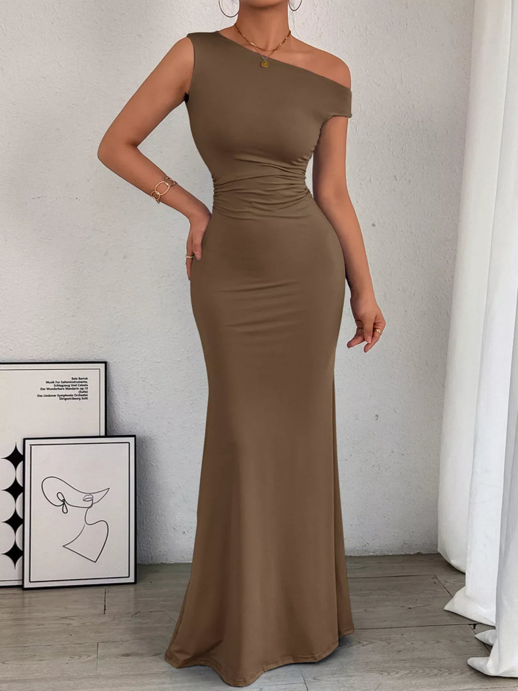 One-Shoulder Ruched Bodycon Maxi Dress