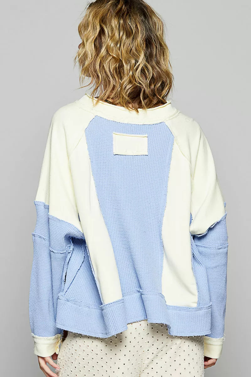 POL Color Block Waffle Knit Raw Hem Sweatshirt