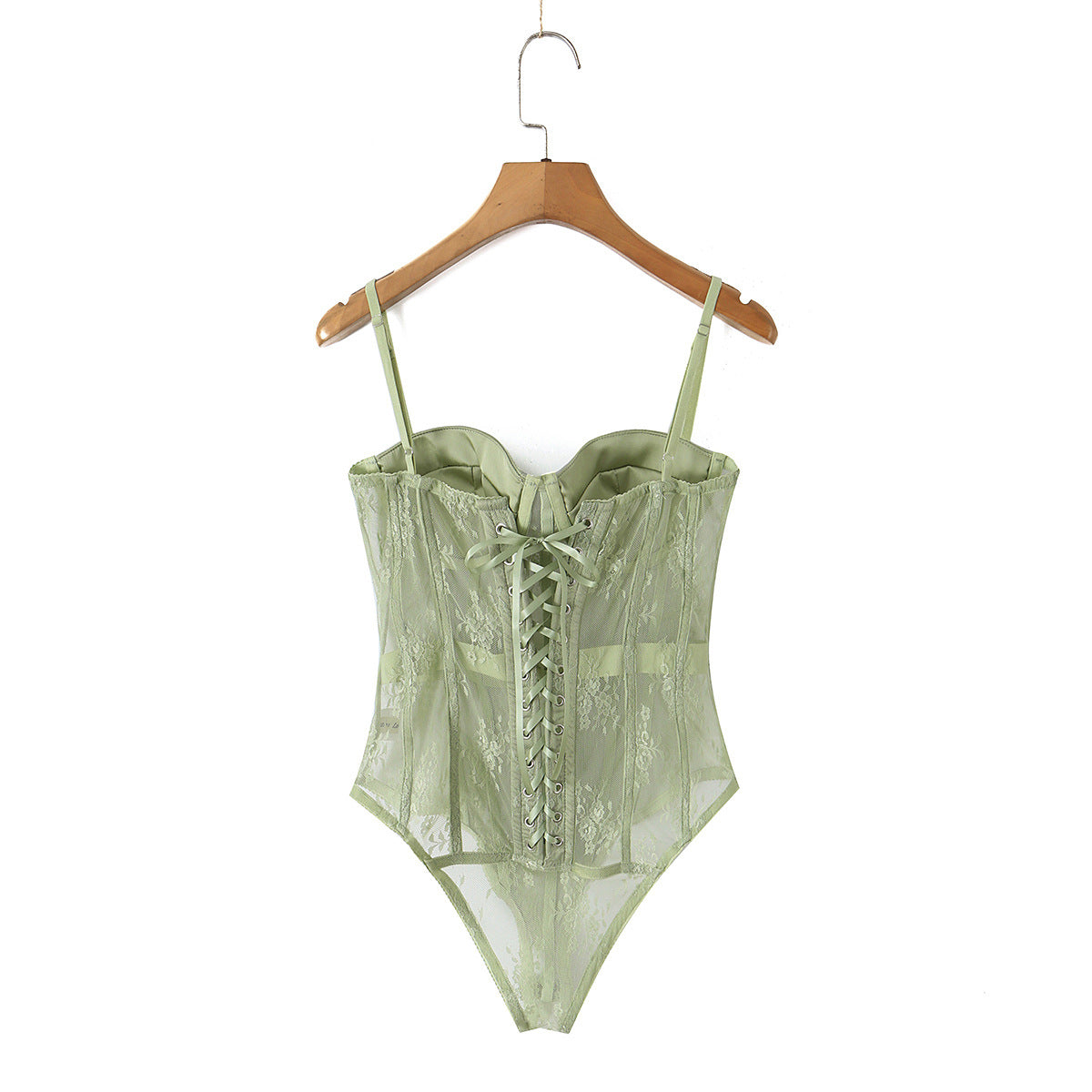 Green mesh fishbone corset tight waist bodysuit camisole top