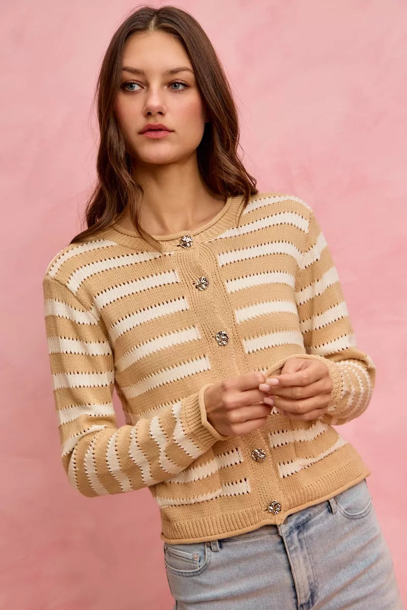 SO ME Stripe Long Sleeves Button Sweater Cardigan