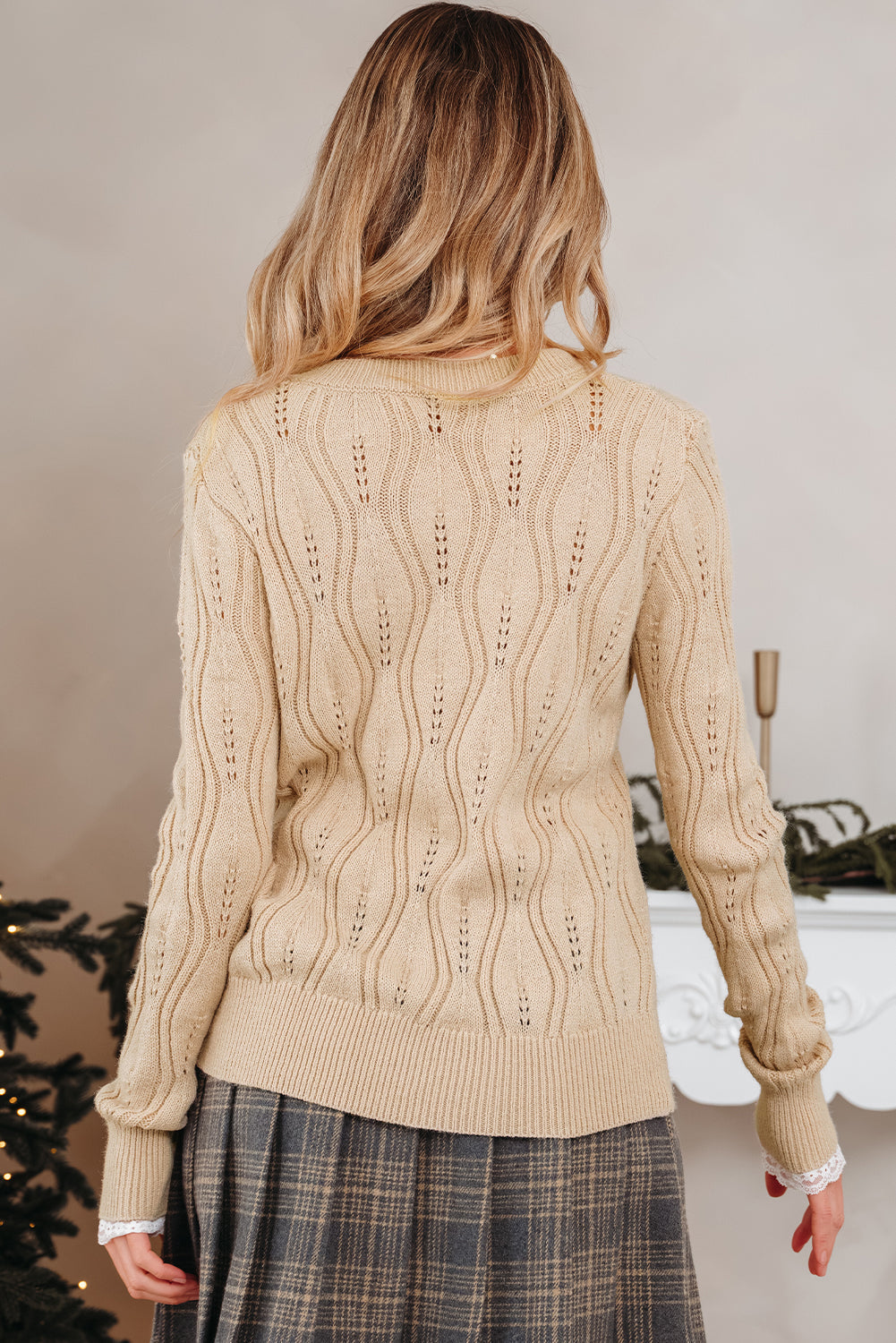 Pearl Beaded Pointelle Knit V-Neck Lace Trim Sweater