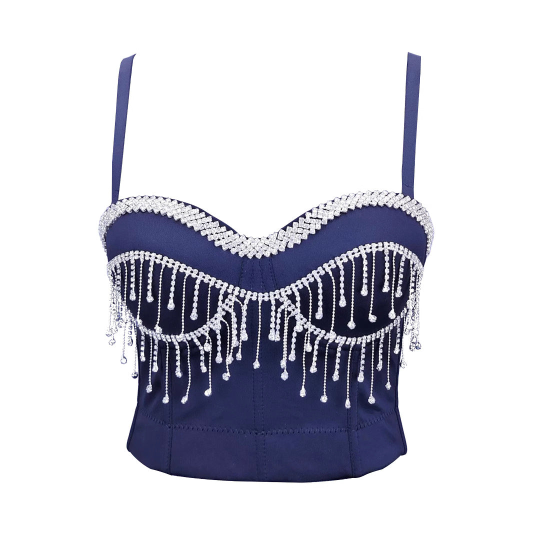 Sexy Spaghetti Strap Corset with Rhinestones and Tassels