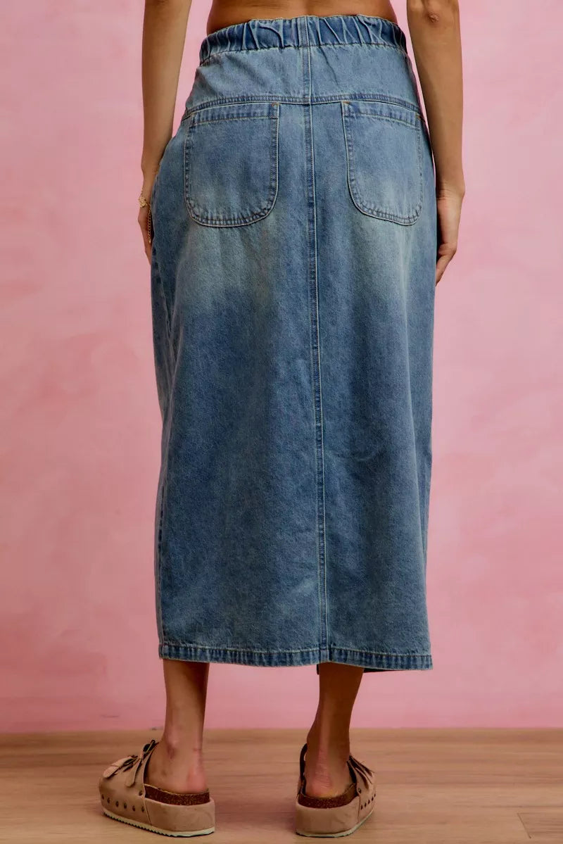SO ME Pleated Washed Denim Skirt With Front Slit-2
