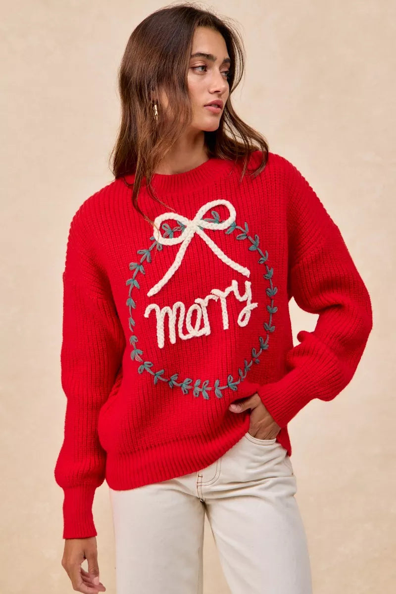 BiBi Christmas Wreath Merry Letter Knit Top