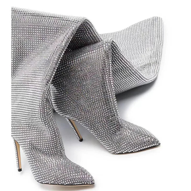 High Quality Crystal Women's Thigh High Boots Runway Stiletto Luxury Designer Shoes Rhinestone Pleated Boots Female Women Shoes