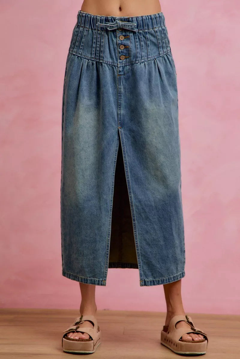 SO ME Pleated Washed Denim Skirt With Front Slit-1