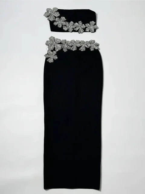 Sexy Strapless Flower Diamonds Crystal Crop Top & Long Skirt Set Women Bandage Two-Piece Set Vestido Elegant Evening Party Gowns