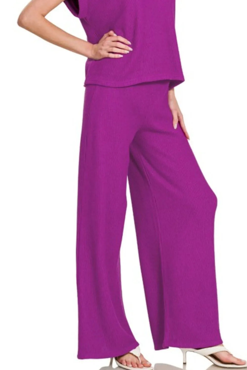Zenana Rolled Sleeve Top and Pants Sweater Set