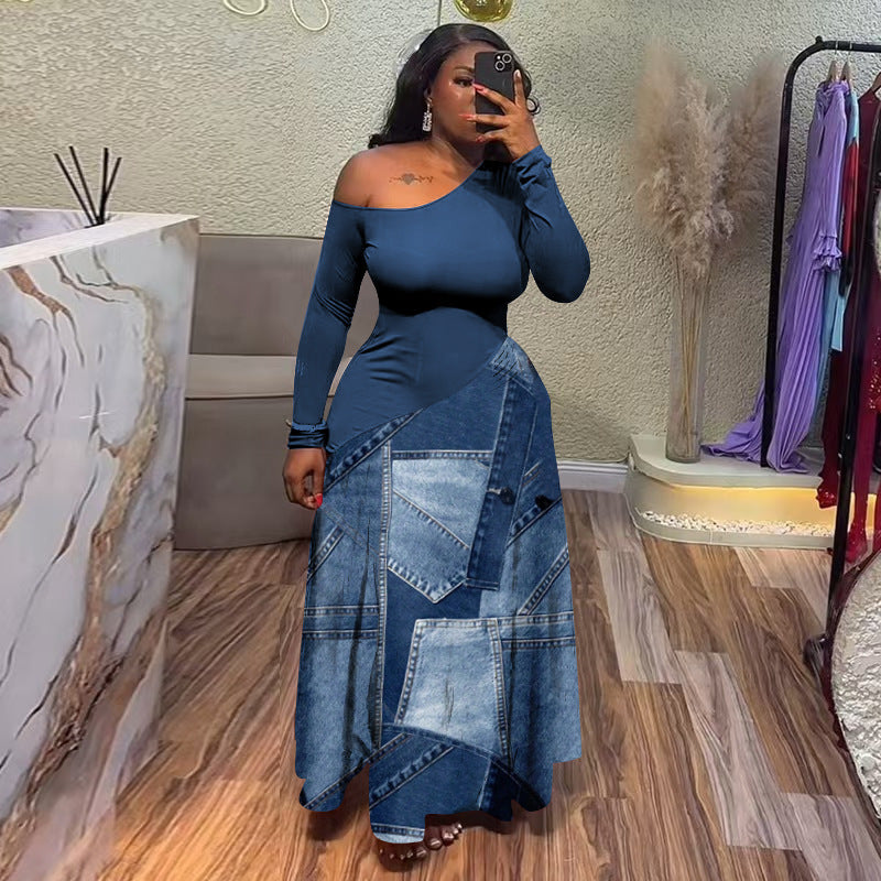 Womens Elegant Slim-Fit Patchwork Printed Maxi Dress With A Sexy Design