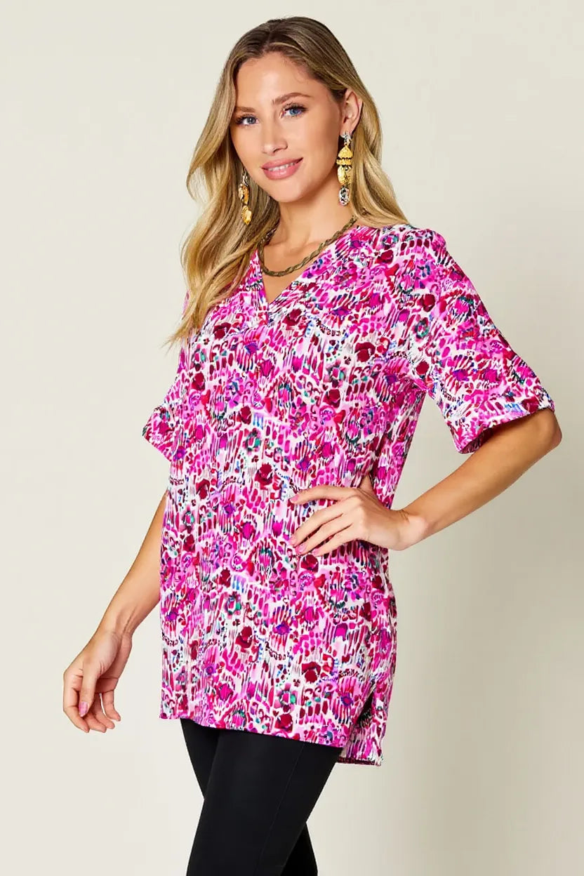 Double Take Full Size Printed V-Neck Short Sleeve Blouse