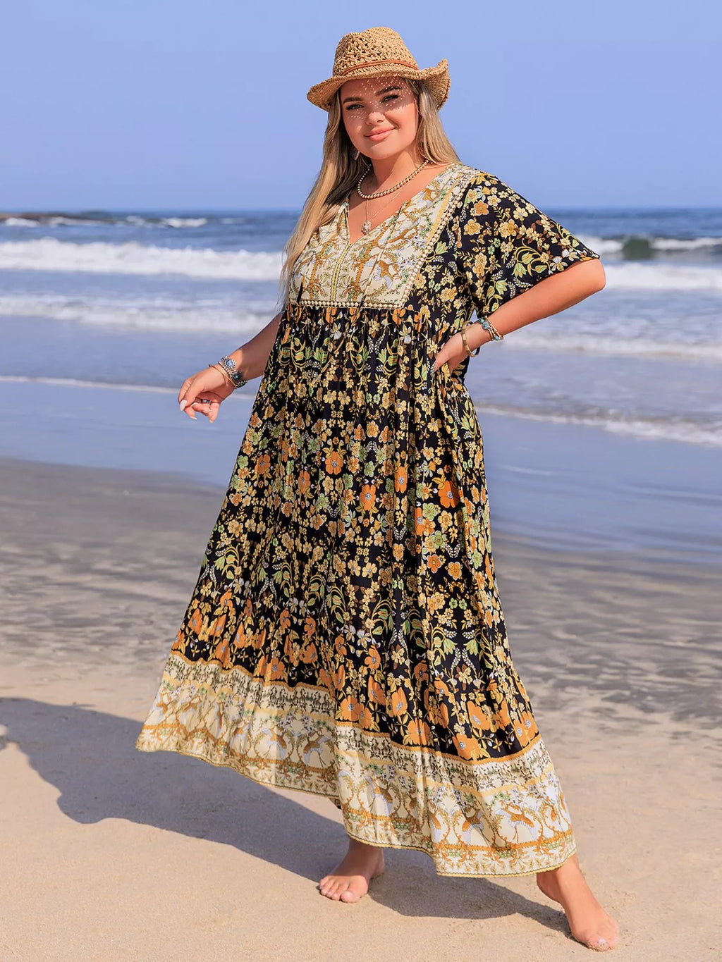 Plus Size Bohemian Floral Tiered Maxi Dress