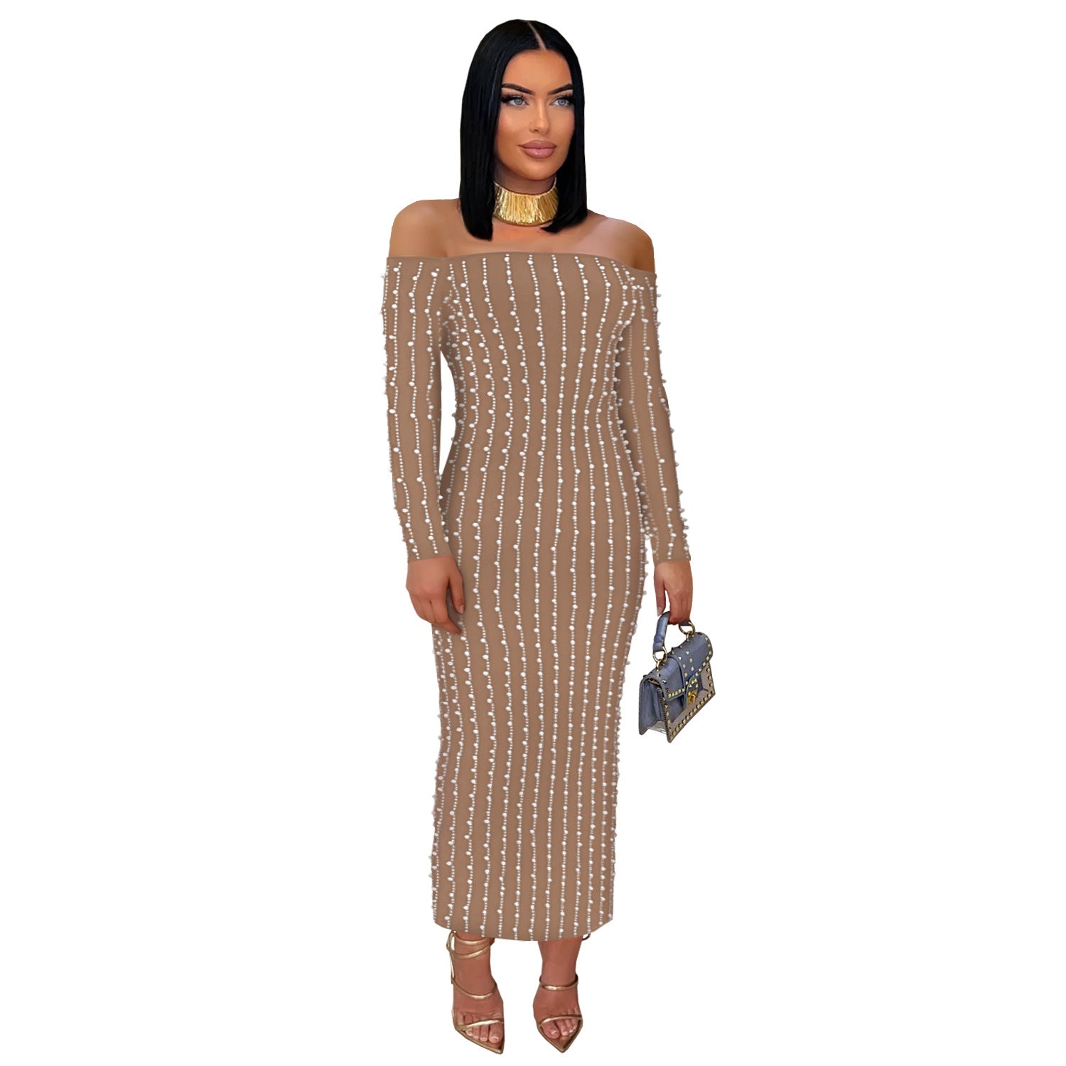 Elegant Long Sleeve Off-the-Shoulder Sequined Cap-Sleeve Dress