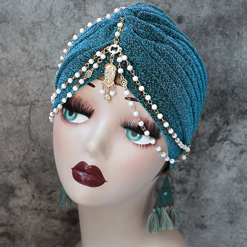 Fashion Exotic Muslim Turban Women Boho Pearl Chain Head Scarf Bonnet Hijab Cap Solid/Leopard Arab Dance Party Wrap Turbantes