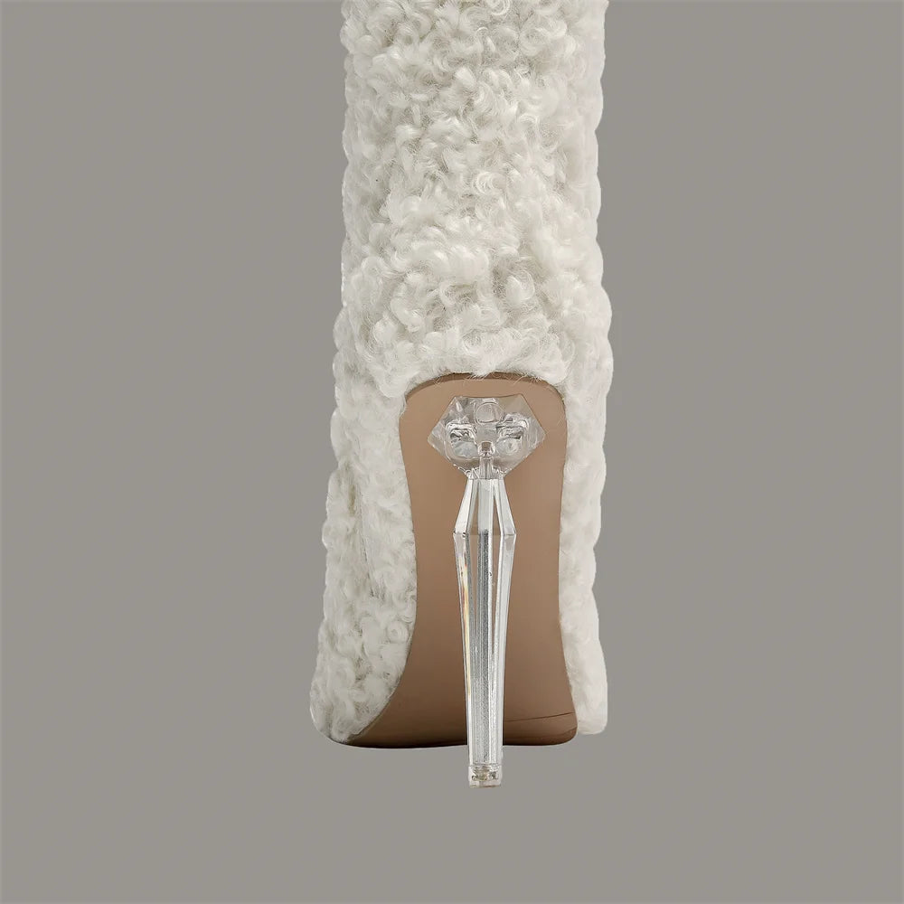 Fashion Women Imitation Wool Knee High Boots for Women's Pointed Toe Crystal Transparency Heels Shoes Sexy Lady Wedding Boots