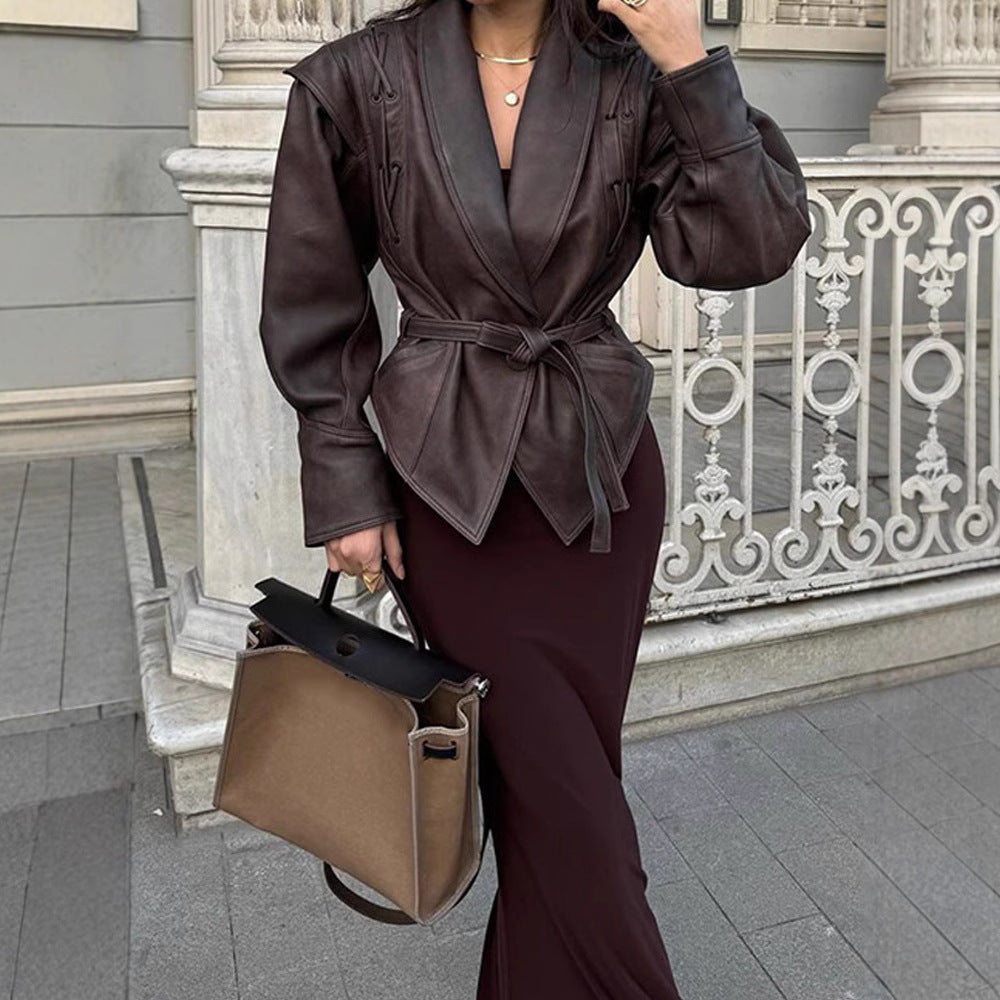 PU Leather Strap-Up Short Jacket – V-Neck Long Sleeve Streetwear