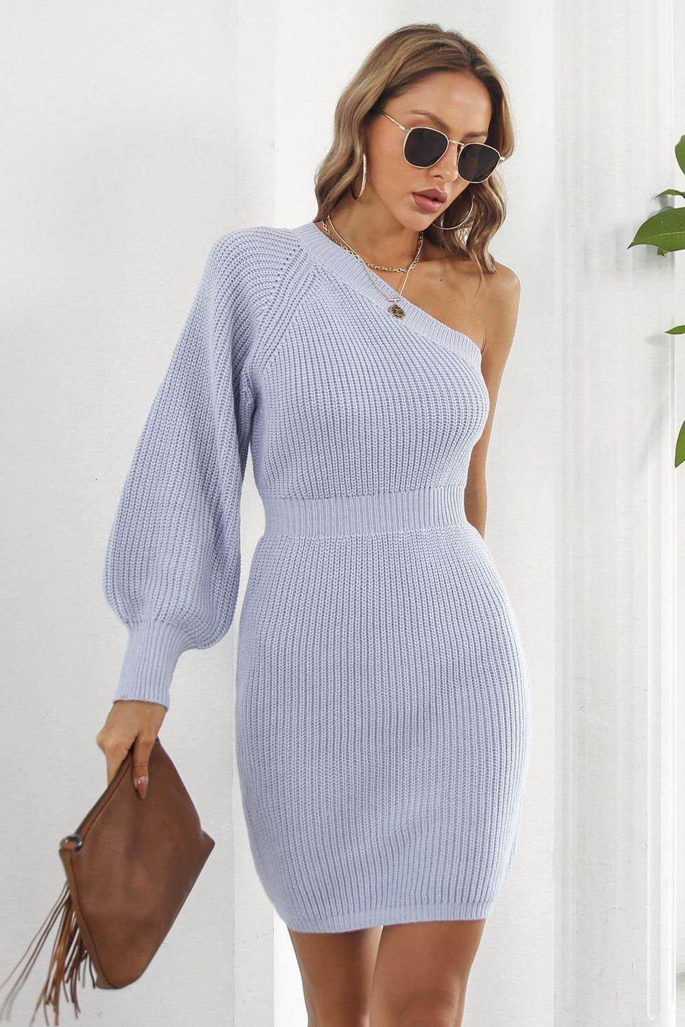 One Shoulder Raglan Sleeve Pencil Sweater Dress for Women