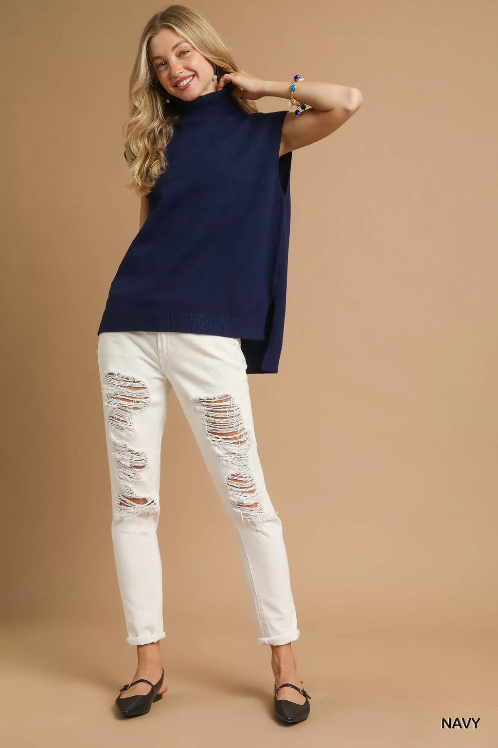 Umgee High-Low Turtleneck Sleeveless Sweater Top