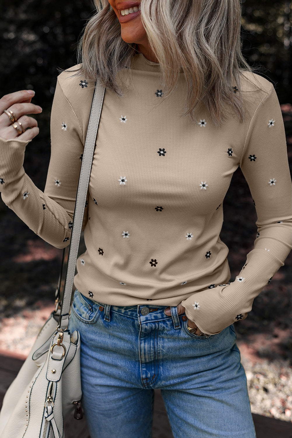 Floral Ribbed Embroidered Long Sleeve Top-0