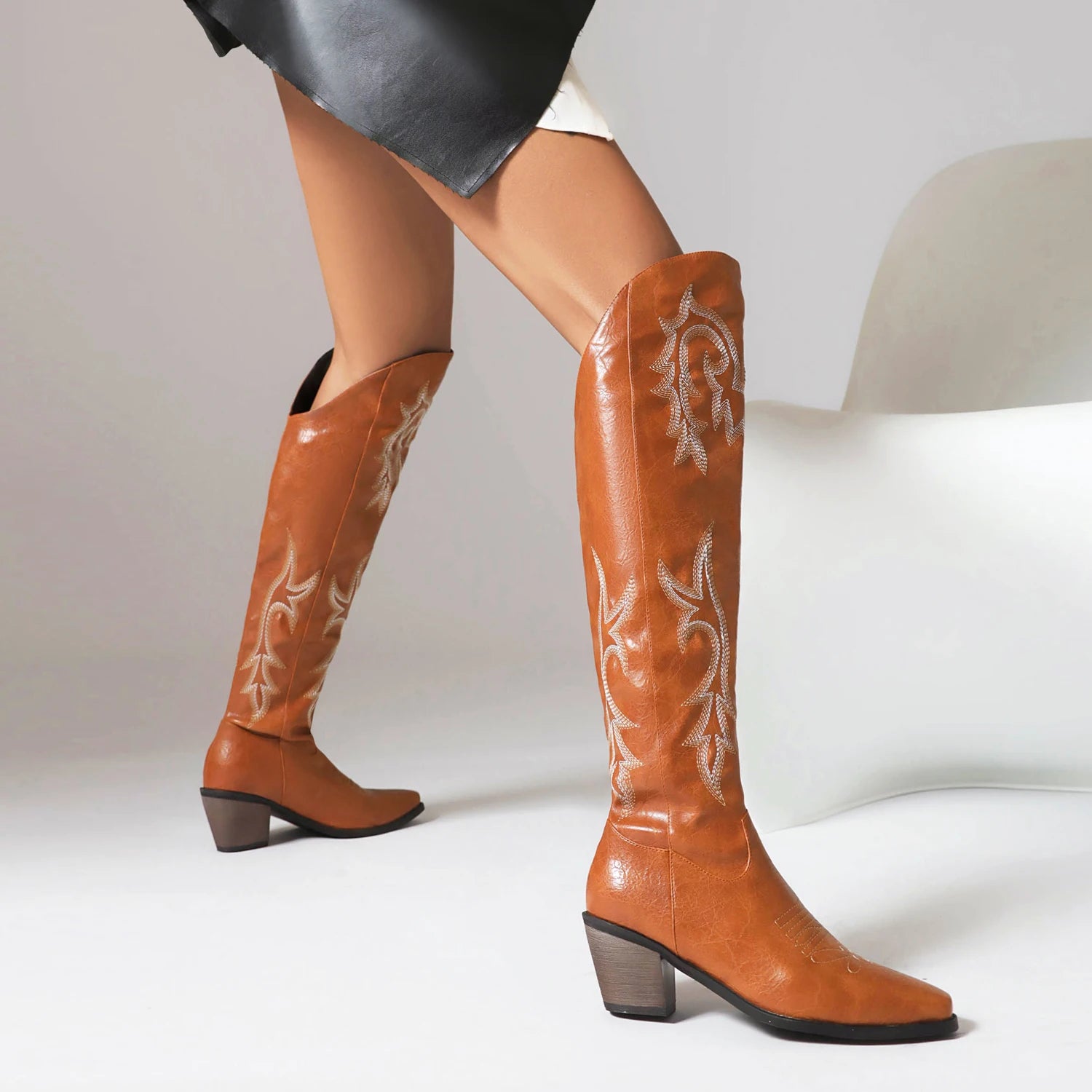 Western Cowboy Boots For Women High Heels Over the Knee Boots Ladies Pointed Toe Chunky Heel Cowgirl Boots