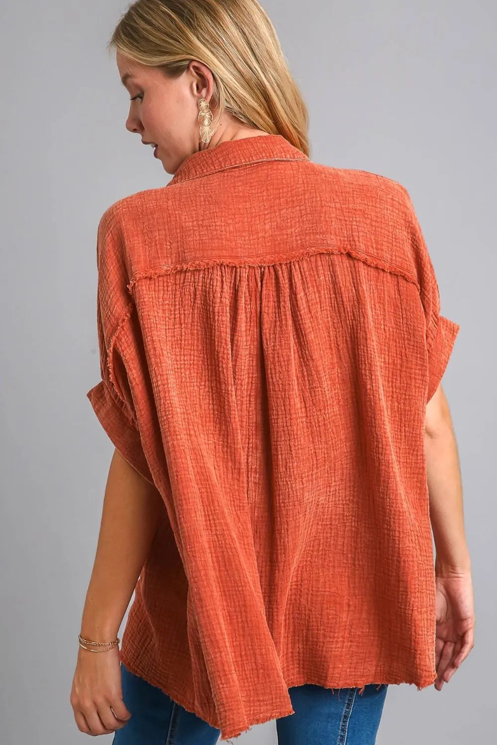Umgee Full Size Cotton Gauze Mineral Wash Button Down Shirt Plus Size-1