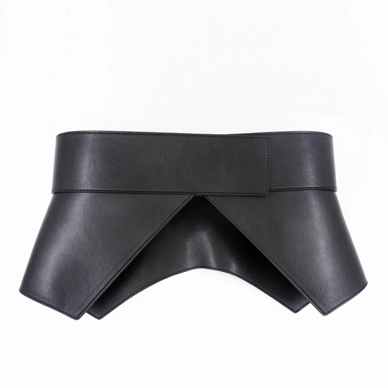 Geometrically designed waist closure corset type wide waist closure belt leather coat women's wide belt