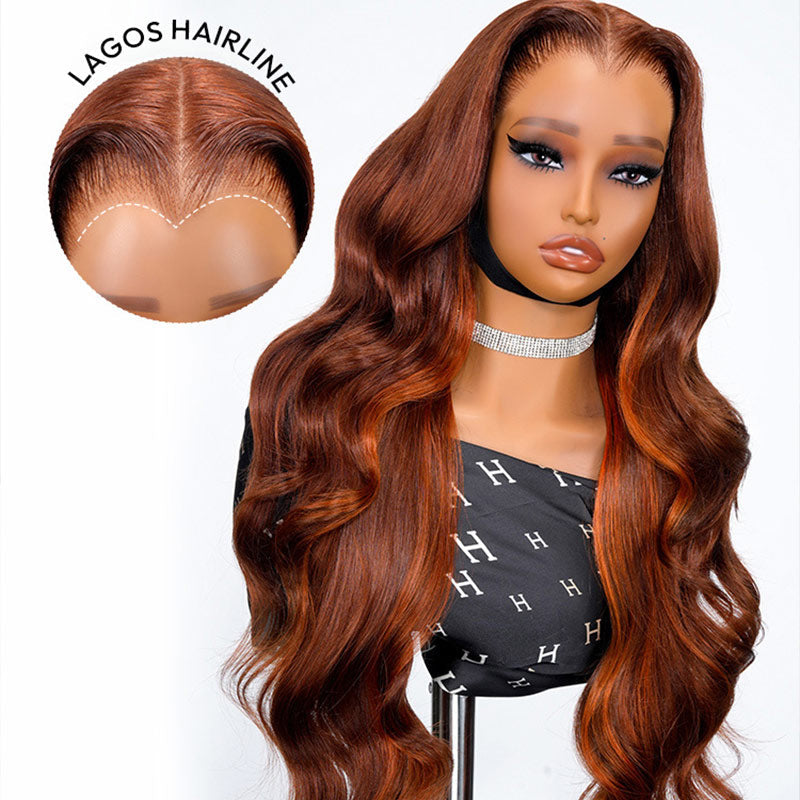 Lagos Hairline Body Wave Dark Burnt Orange Highlight Wig Human Hair Glueless 13x4 Lace Front Wig