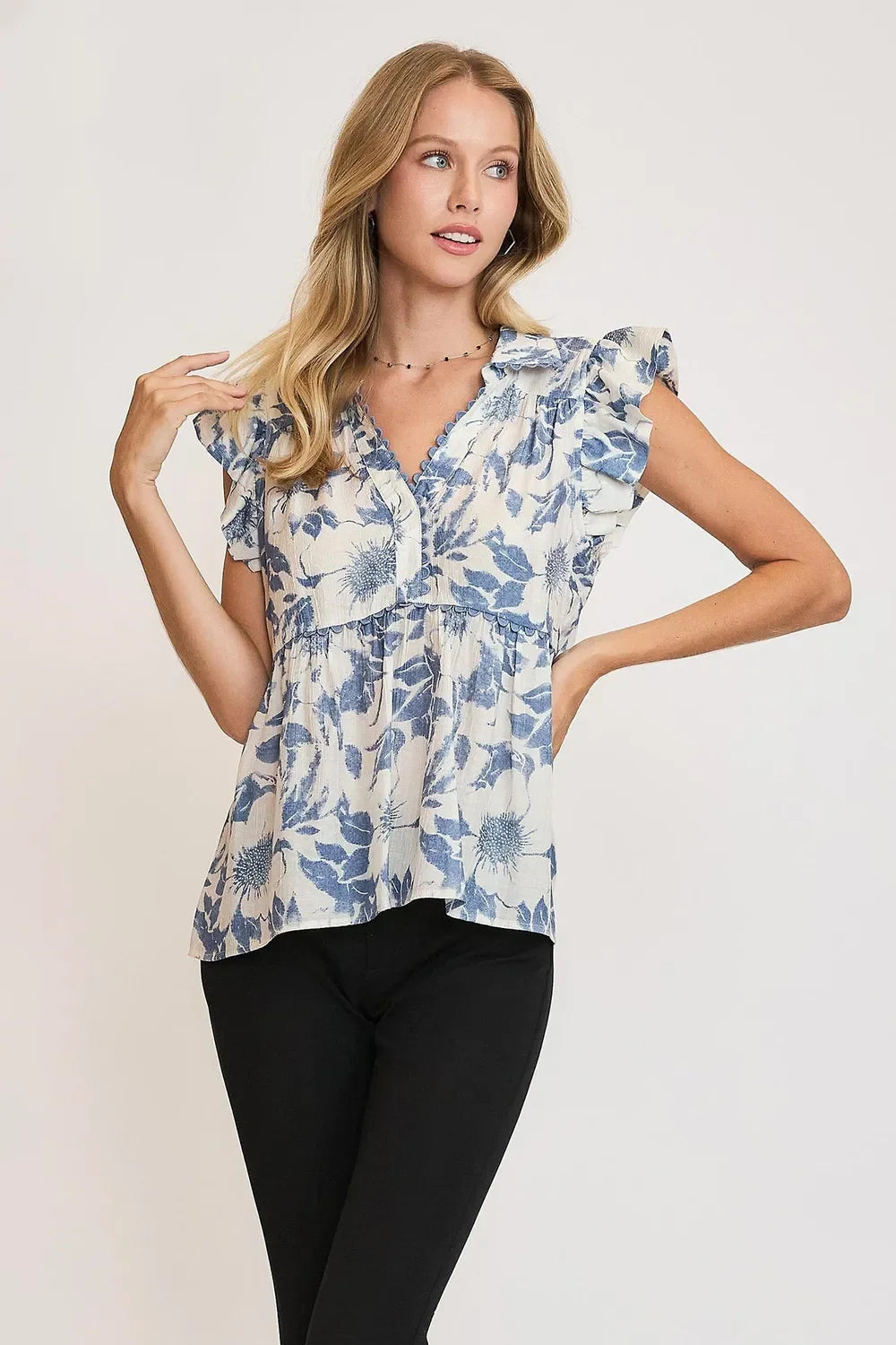Umgee Full Size Botanical Print Babydoll Top Plus Size