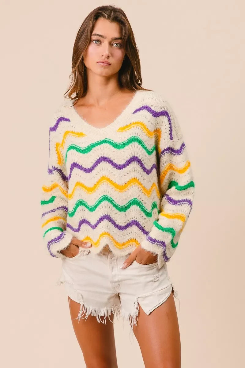 BiBi Mardi Gras Wavy Stripes V-Neck Sweater