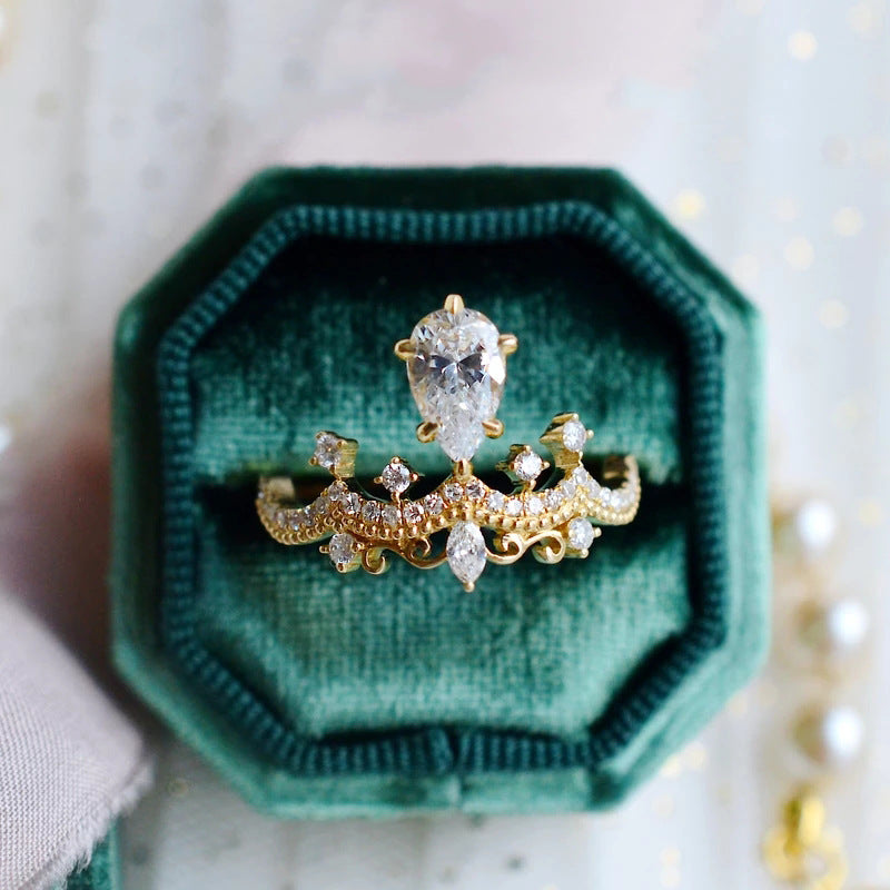 Vintage Crown Pear Cut Moissanite Ring