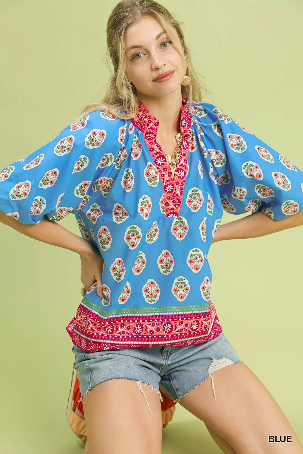 Umgee Boho Border Print Peasant Top