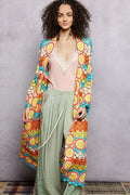 POL Scalloped Edge Open Front Crochet Cardigan with Colorful Stripe Pattern