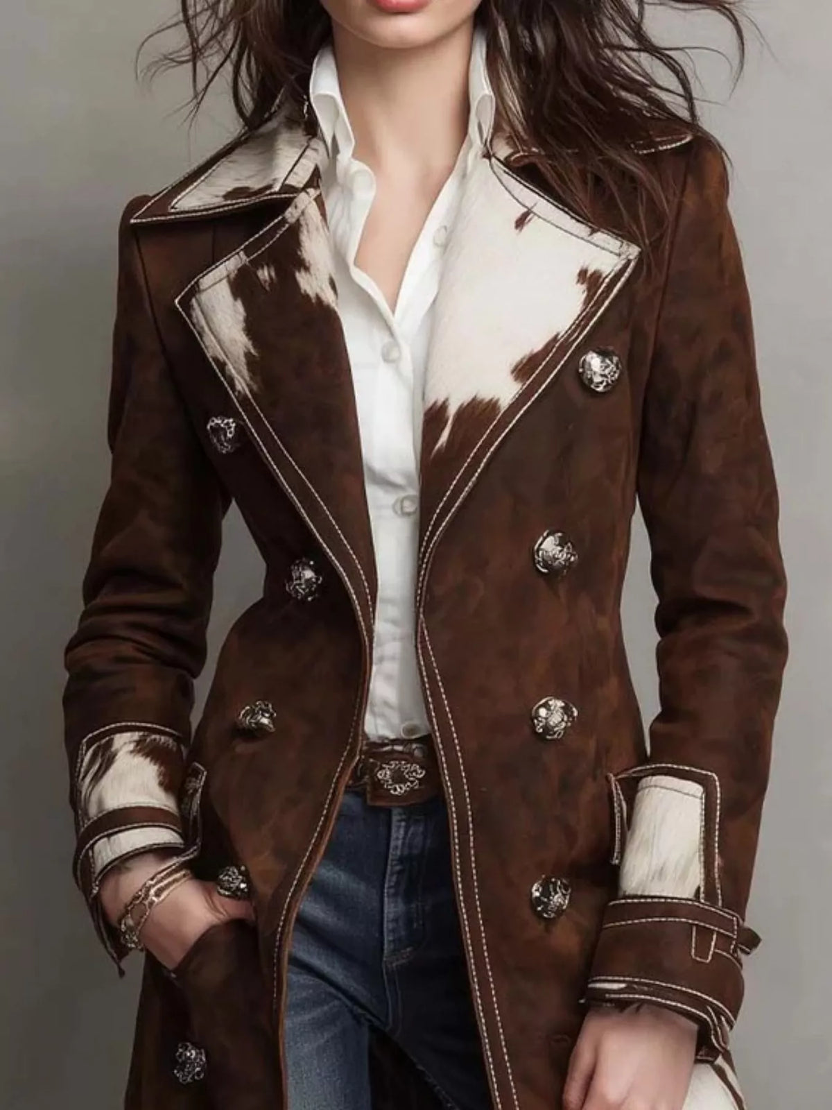 Cowhide Trim Western-Style Trench Coat