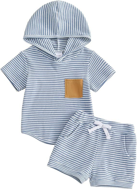 Baby Boy Striped Waffle-Weave Hooded Set