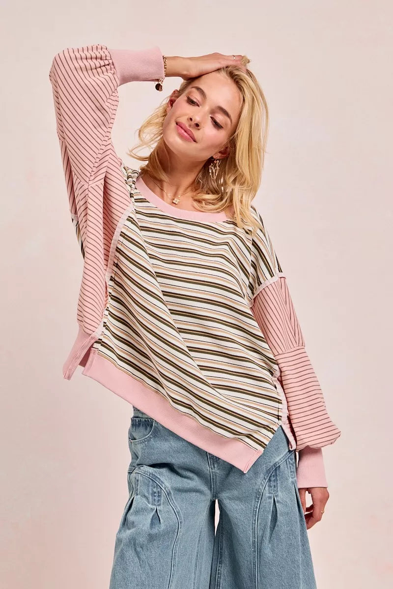 BiBi Stripe Mixed Top With Cut Edge And Reverse Outseam