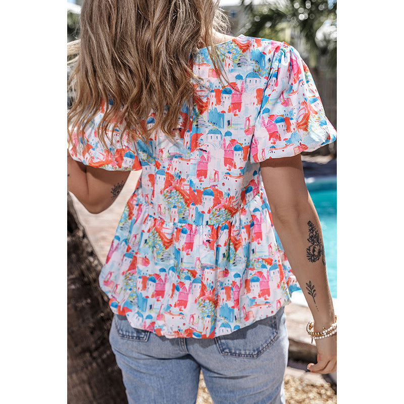 Women's Cute Contrast Color Stitching Round Neck Short-Sleeved Shirt