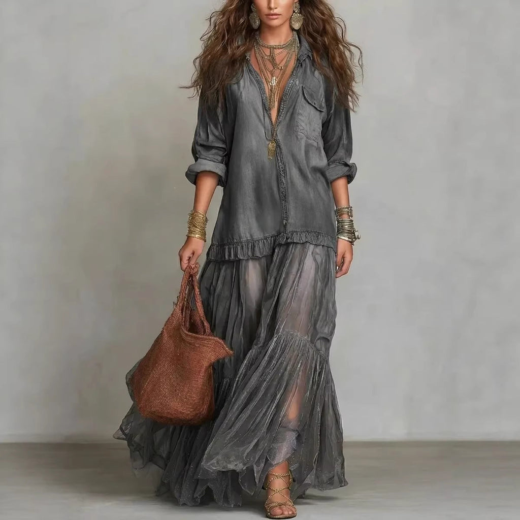 Women's Retro Lapel Collar Faux Denim Maxi Dress Casual Pocketed Dress