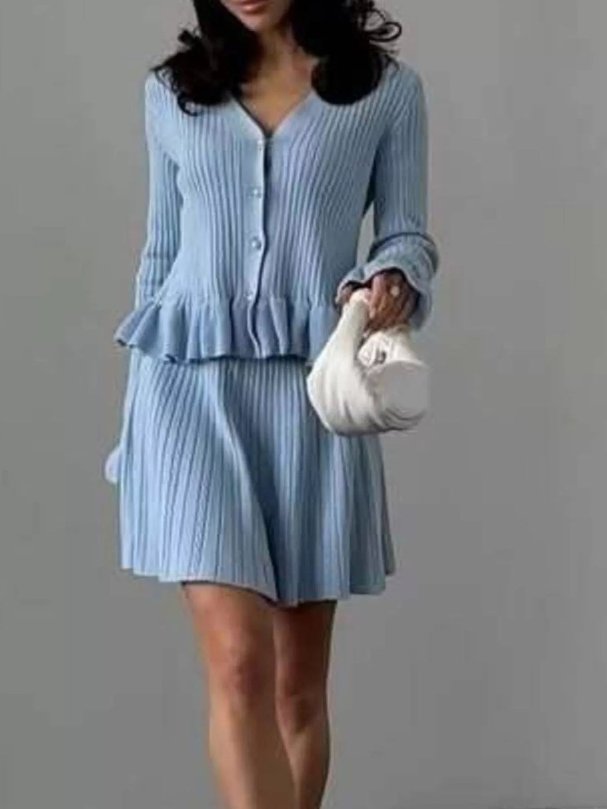 Ruffle Trim Knit Cardigan & Skirt Set