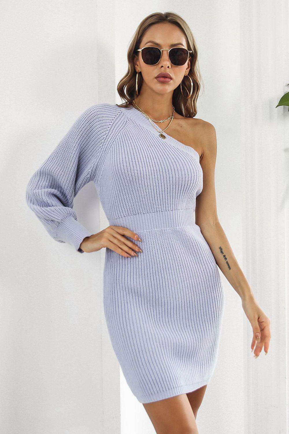 One Shoulder Raglan Sleeve Pencil Sweater Dress for Women