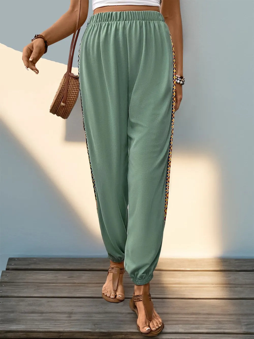 Perfee Weave Band Patchwork Elastic Waist Joggers