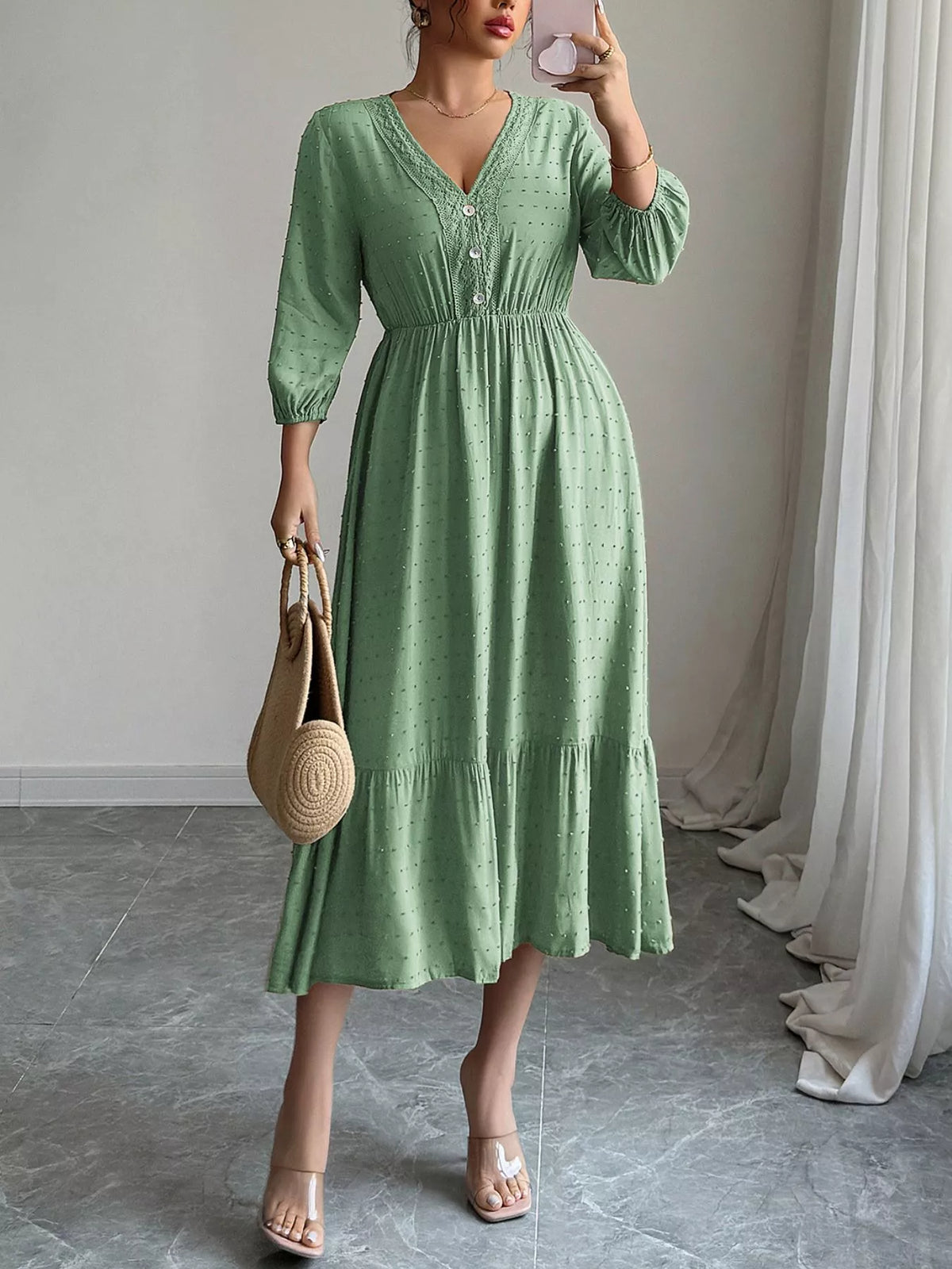Swiss Dot Ruffle Hem Midi Dress