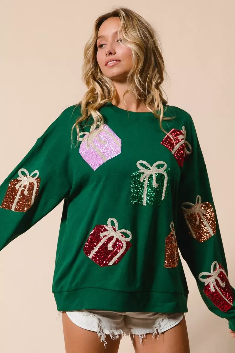 BiBi Sequin Christmas Gift Box Embroideries Pullover