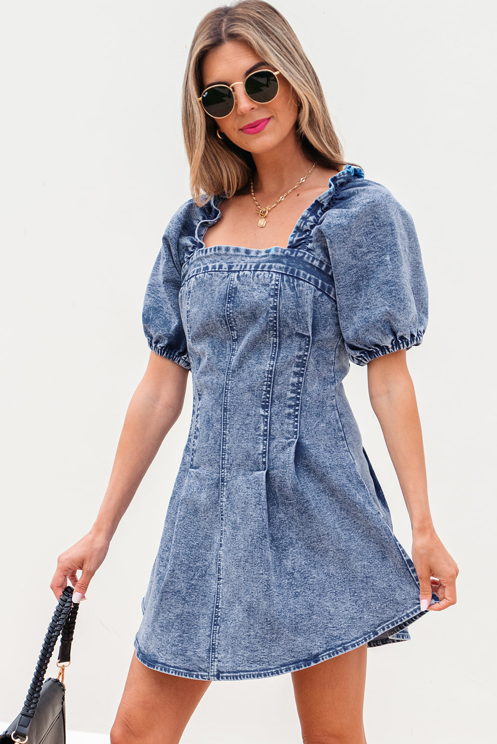 Denim Frilly Square Neck Bustier Puff Sleeve Dress-2