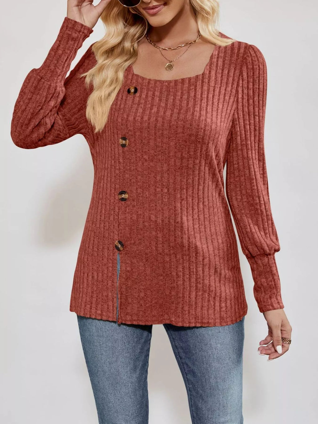 Ribbed Knit Slit Long Sleeve T-Shirt
