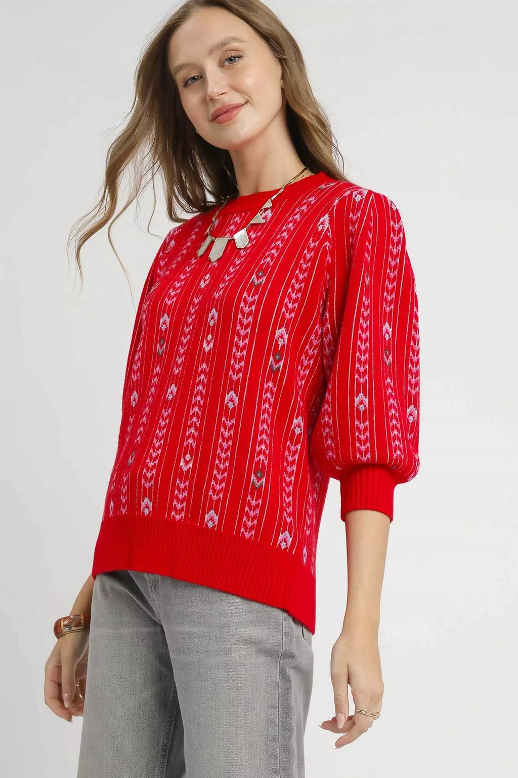 Umgee Jacquard Knit Puff Sleeve Sweater