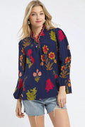 Umgee Flower Print Blouse with Scalloped Neckline