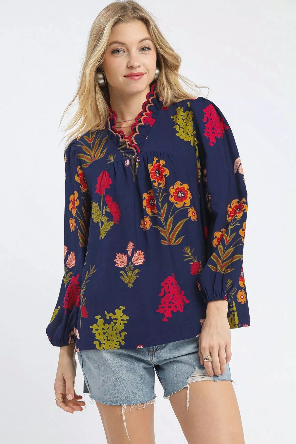 Umgee Flower Print Blouse with Scalloped Neckline