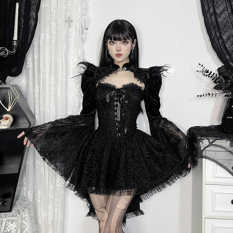 Butterfly Lace Corset Bodysuit Dress Dark Style  Train Mini Dress for Women